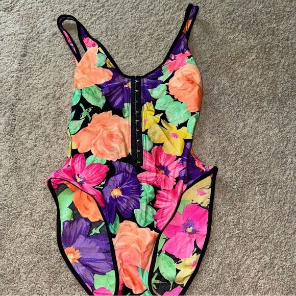 Vtg 90s LaBlanca floral 1 pc high leg deep plunge back/front hook n eye closure - Picture 4 of 11